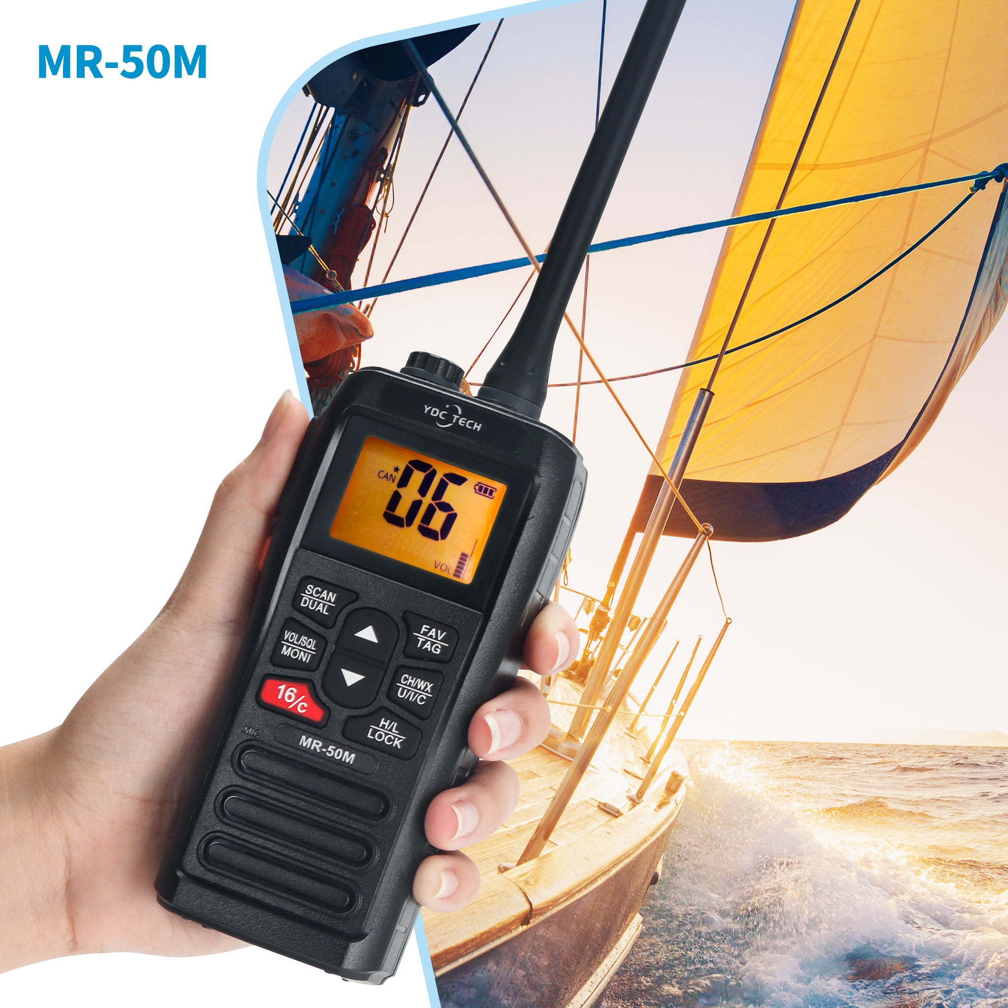 YDC TECH® MR-50M Handheld Waterproof VHF Marine Radio, Long Range, USB Charging, Floating, IPX7 Waterproof
